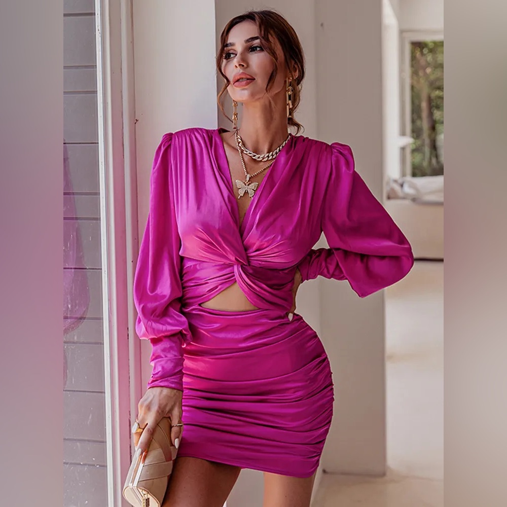 AMTIOUS Elegant Pink Ruched Dress